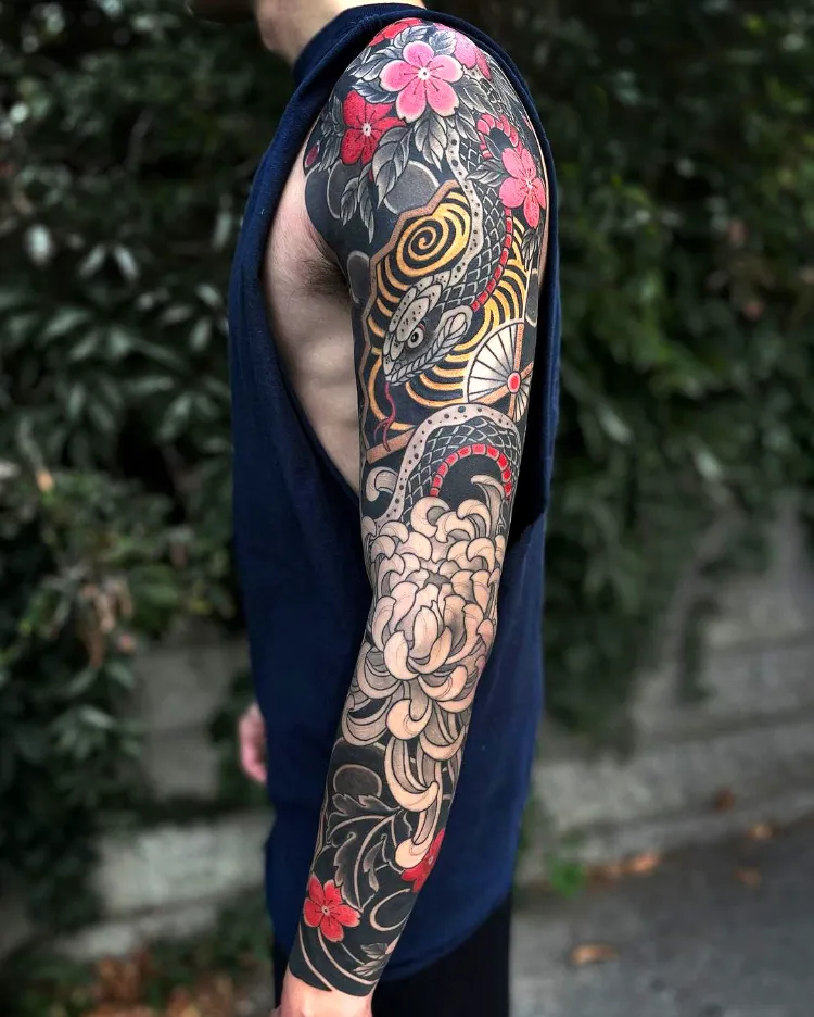 japanese chrysanthemum tattoo for men sleeve shoulder design