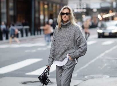 knitted turtleneck gray baggy pants white tee sneakers casual street style winter outfit 2023