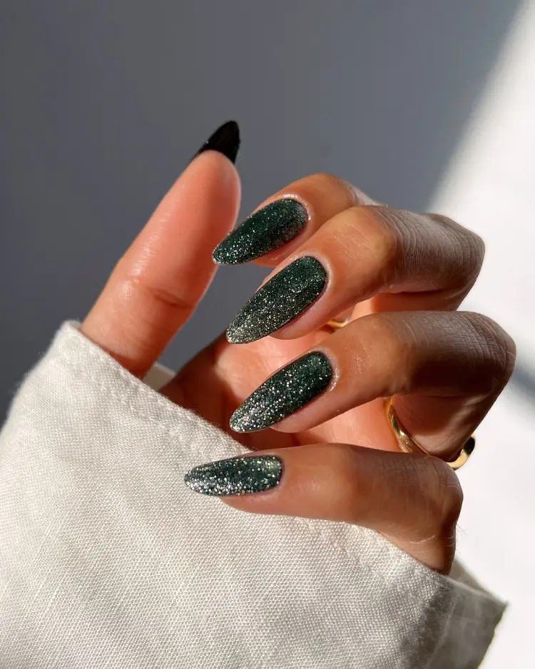 long oval green silver glitter nails