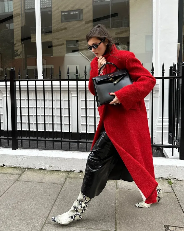 long oversized red coat snake print boots leather skirt fall winter 2023 2024 fashion trends