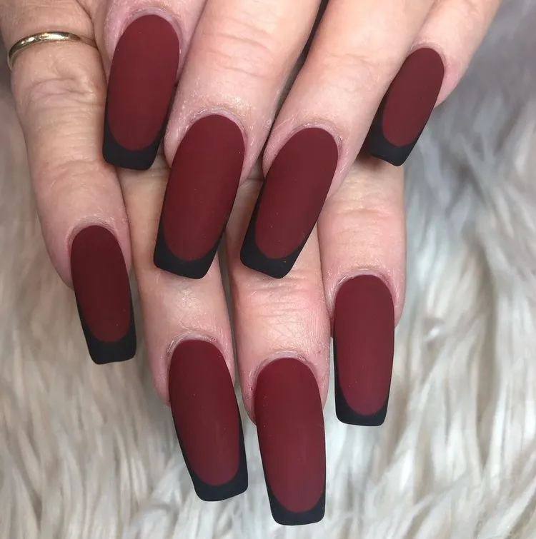 long square matte burgundy red nails with black