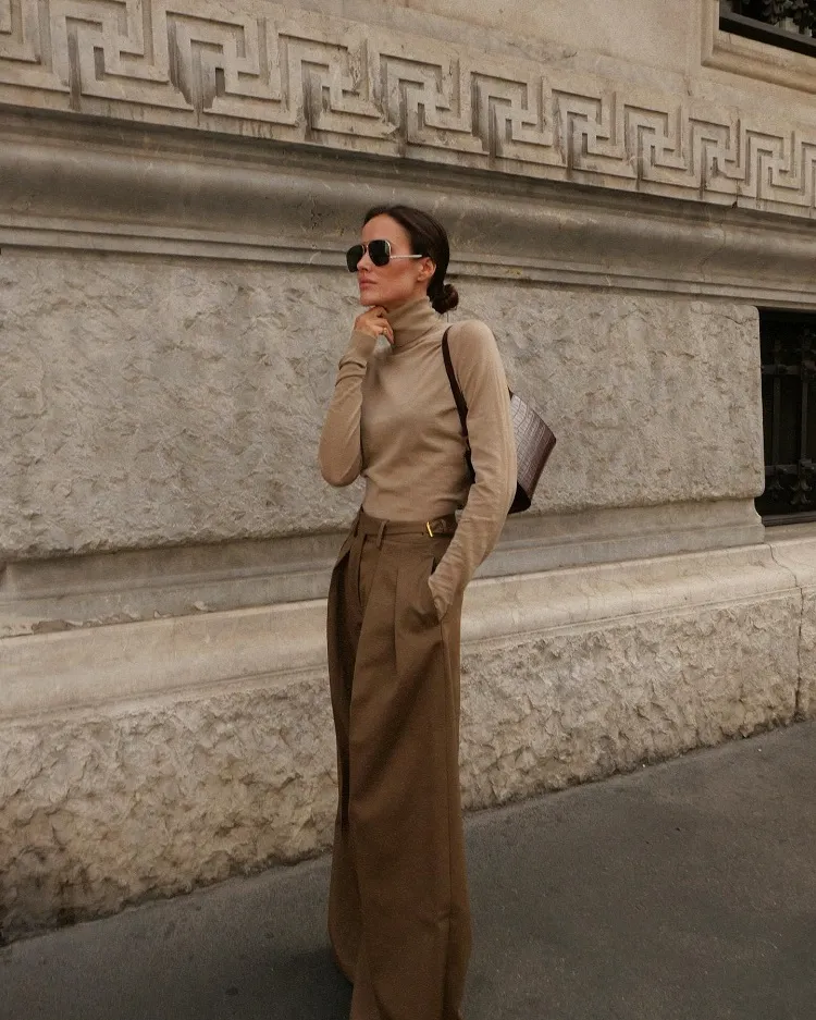 minimalist brown old money wide leg pants turtleneck