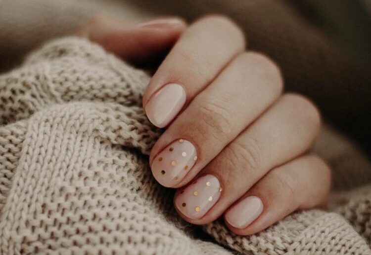 minimalist nude november nails gold dot design