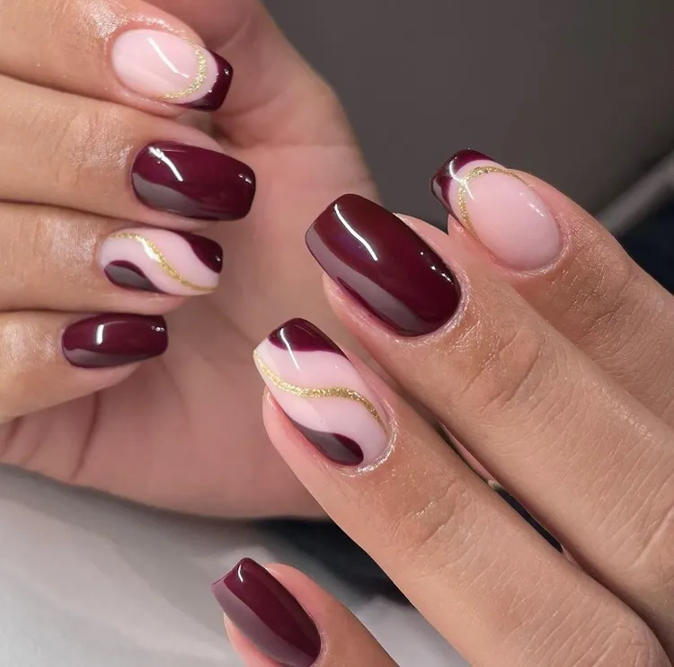 nail art burgundy and gold rounded square nails
