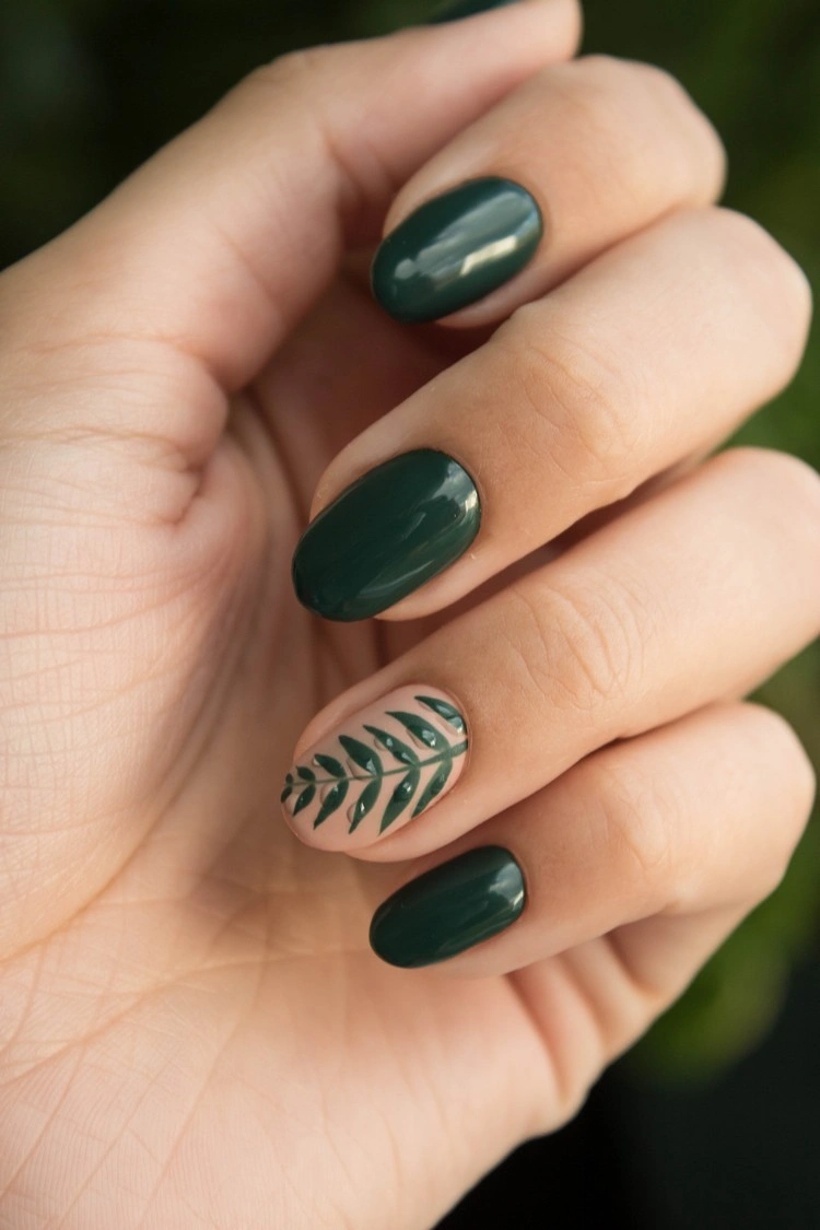 november nails green fall manicure design leaf decoration