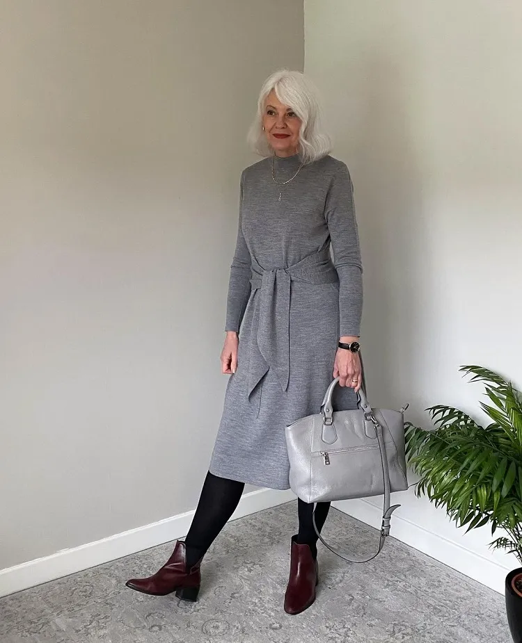 outfit idea how to wear a sweater dress at 60 with style this winter 2024