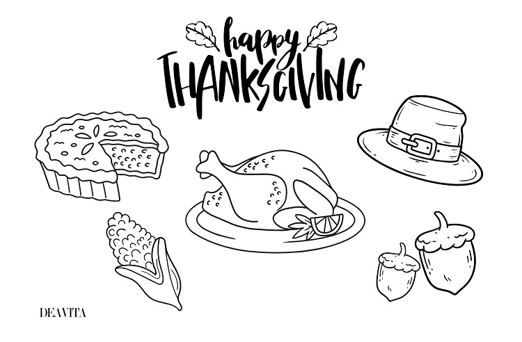 pie corn turkey hat acorns thanksgiving coloring page
