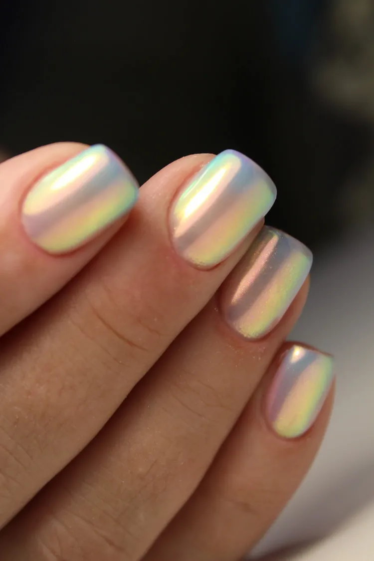 rainbow chrome matte nails short square manicure design idea 2023