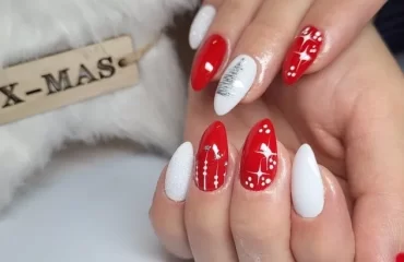 red and white nail art short almond nails christmas 2023