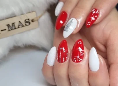 red and white nail art short almond nails christmas 2023