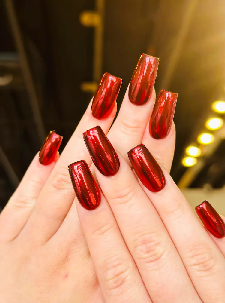 red chrome long square festive nails