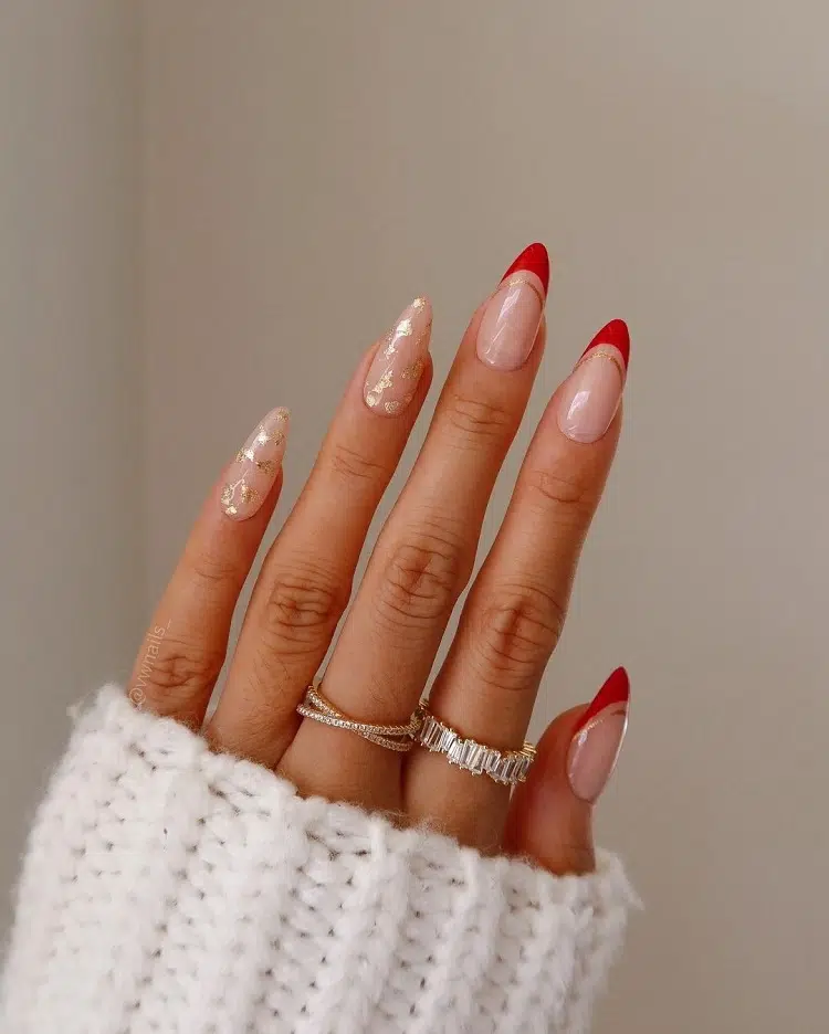 red french tips nails gold leaf decorations