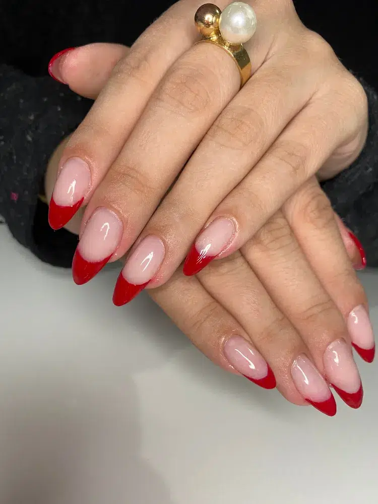 red manicure christmas nails long french nails