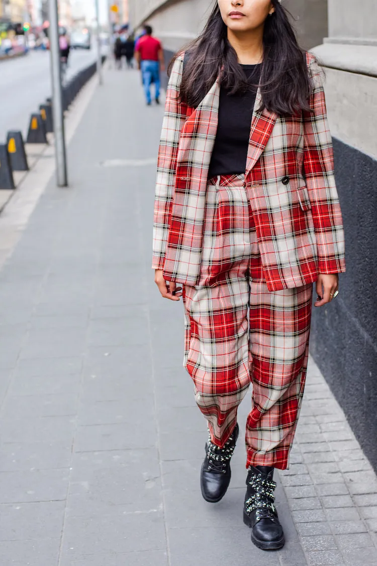 red tartan suit leather boots fall winter street style fashion 2023