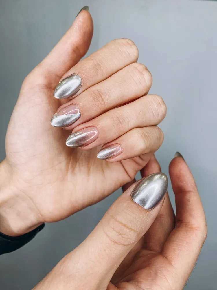 silver chrome long almond nails december 2023