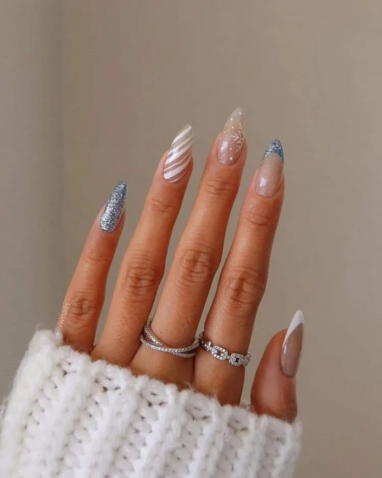 silver glitter minimalist snowflakes nail art design 2023