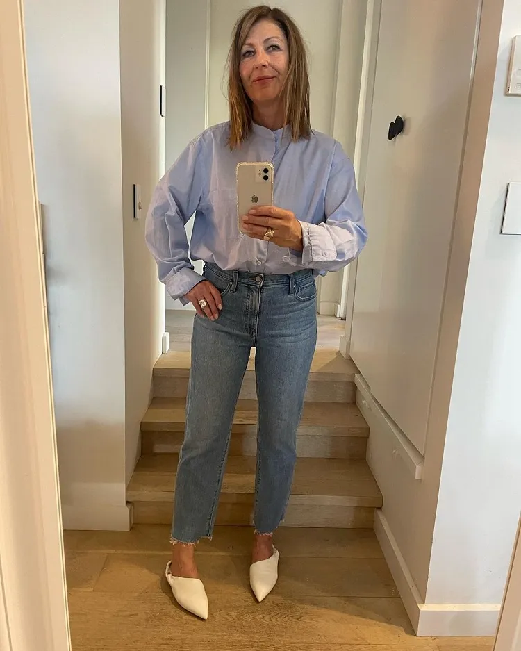 slim jeans trend woman 50 years old modern outfit shirt ballerinas