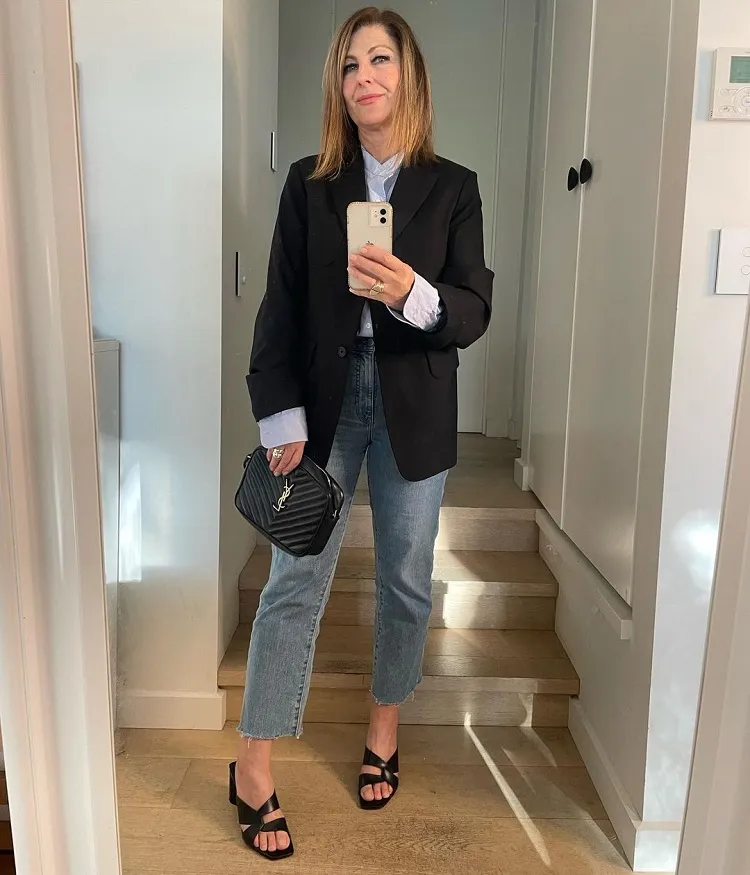 slim straight jeans woman 50 years old black blazer shirt modern outfit office