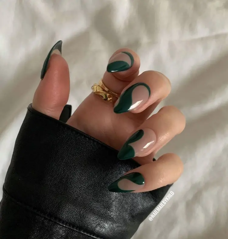swirly green almond christmas nails