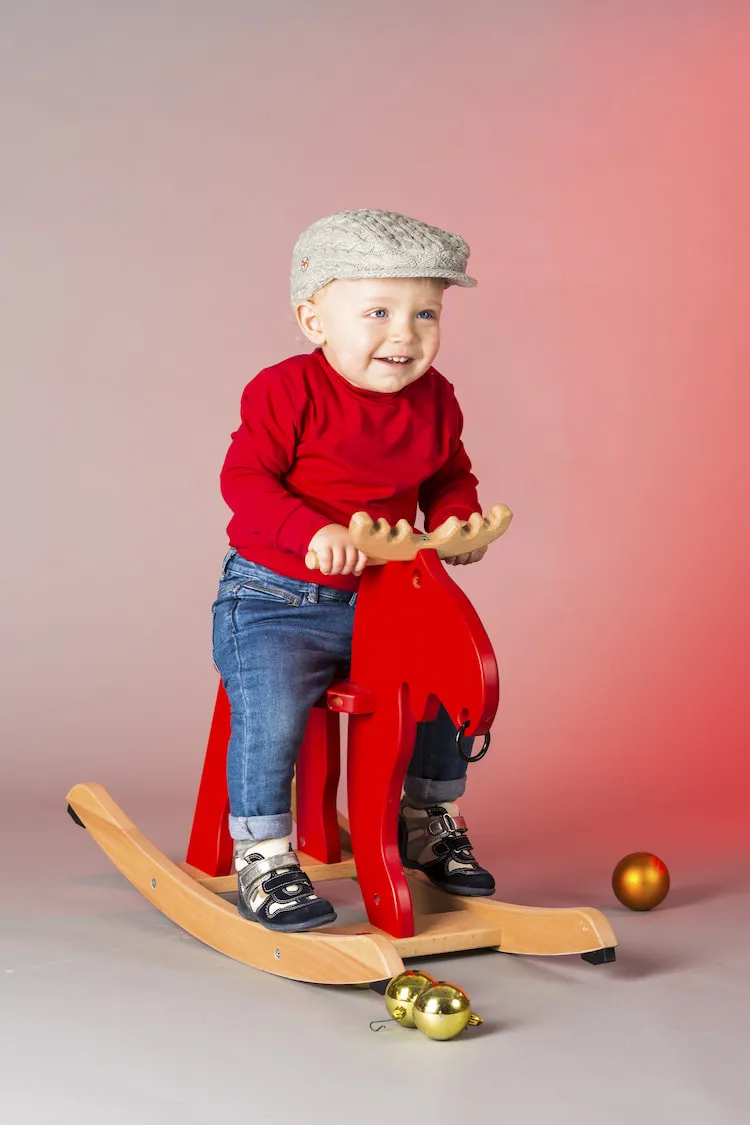 toddler christmas outfit for pictures for a boy red sweater knitted flat cap wooden horse