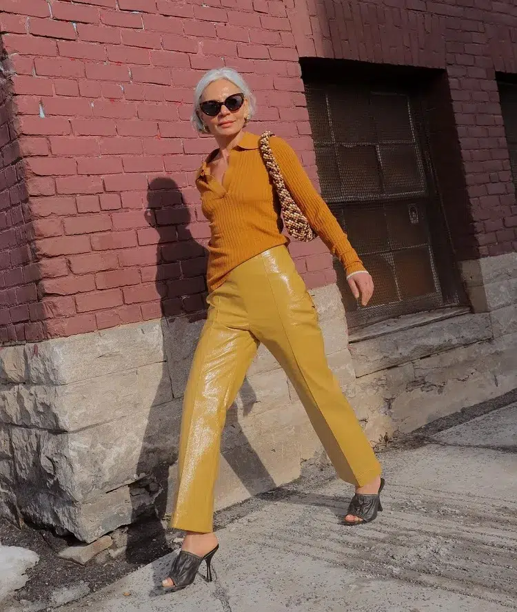 wearing gold pants over 50