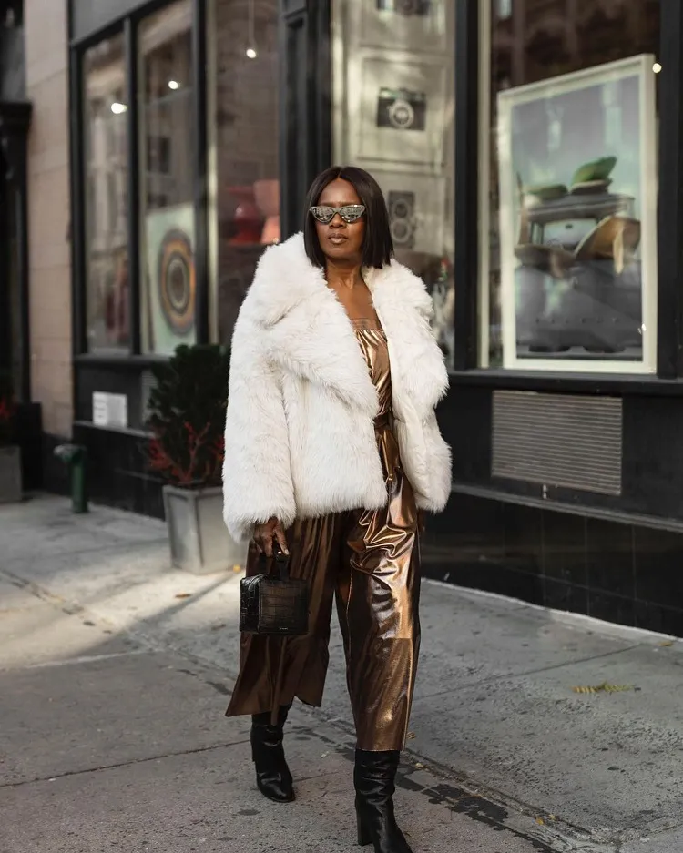 white fur coat gold outfit street fashion fall 2023
