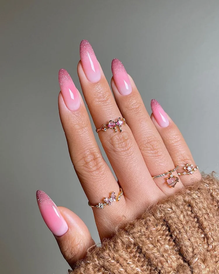white pink ombre nails glitter french tips 2023