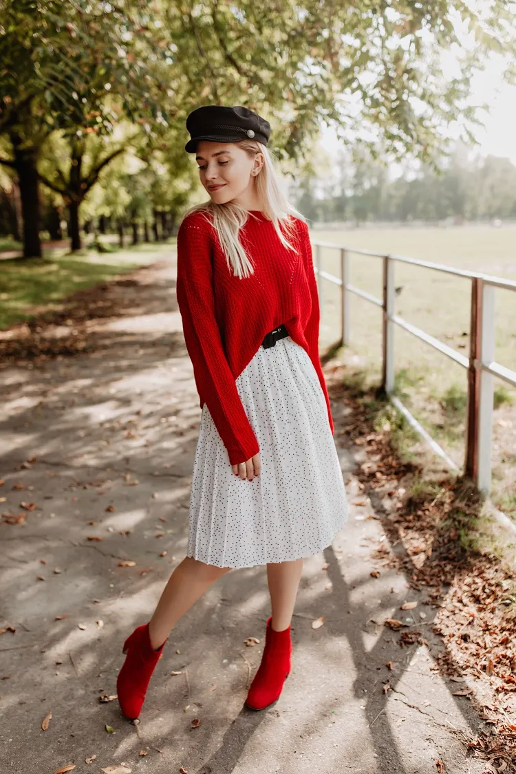 white polka dot pleated skirt red sweater fall winter styling inspo 2023
