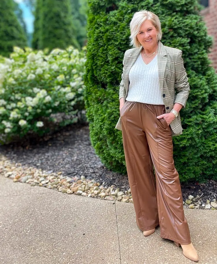 wide leg faux leather pants for women over 50 outfit ideas