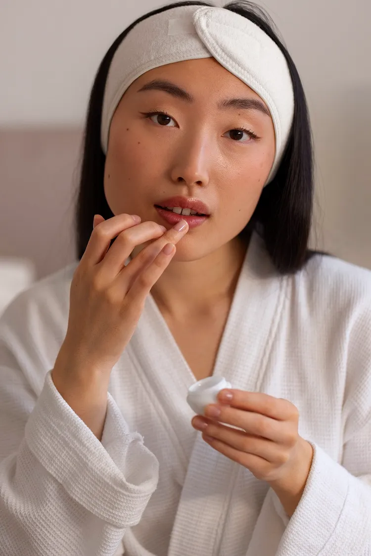 woman applying lip gloss korean skincare routine guide
