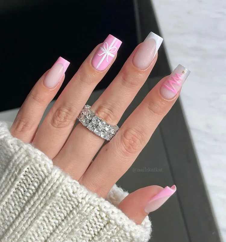 beautiful square christmas nails in pink