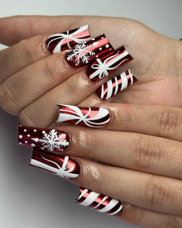chrome square nails with christmas design