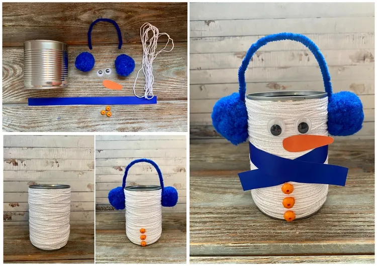 diy christmas decorations with yarn tin can snowman pen holder step by step