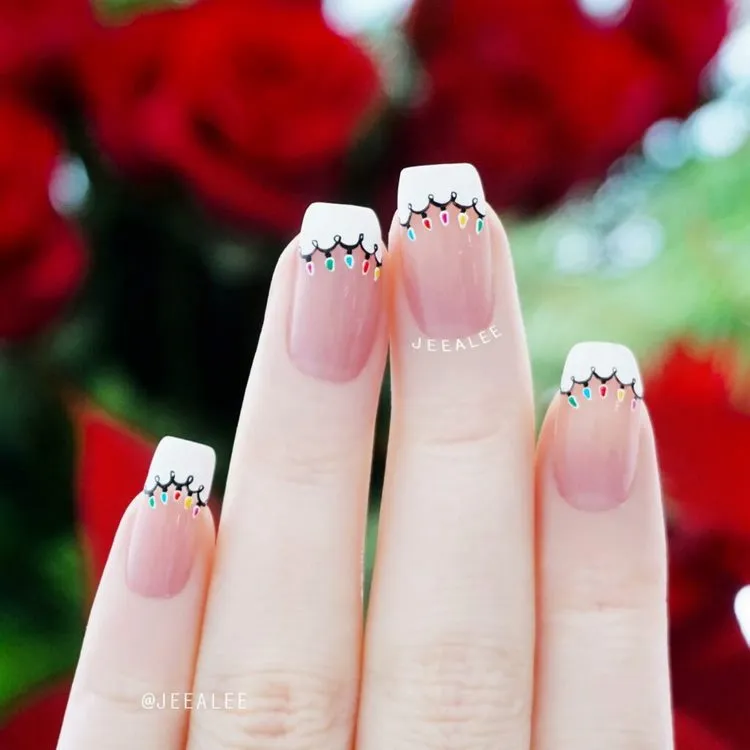 short square christmas nails with fairy lights pattern