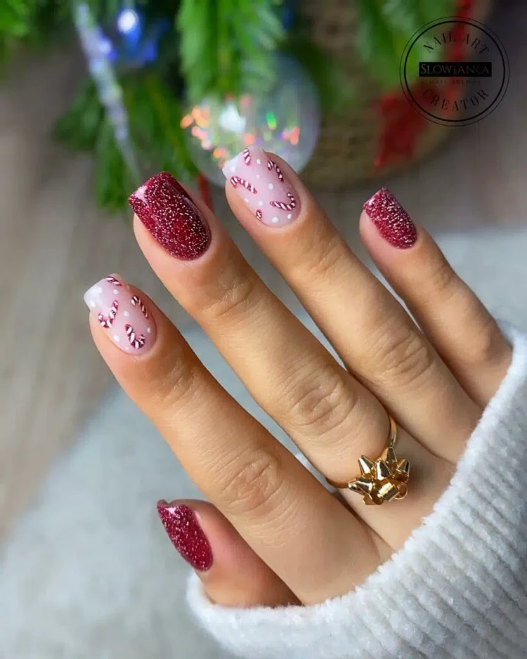 stylish glitter christmas nails and candy cane decorations