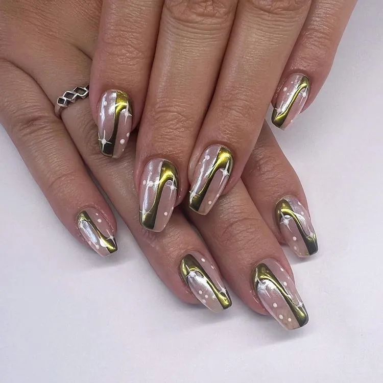 stylish nude and gold chrome on squoval nails