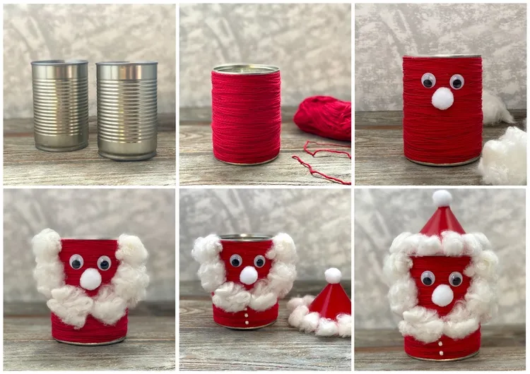 this is how to make a tin can and yarn santa claus