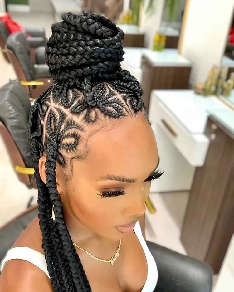 box braids bun hairstyle for women with dark skin@braided