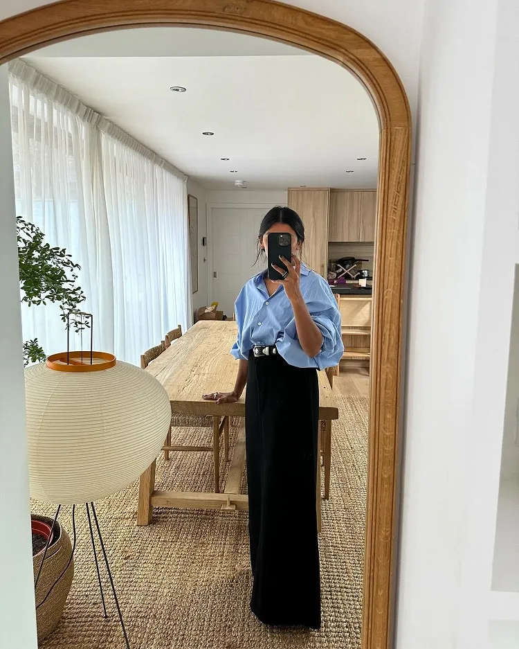 casual rich mom outfit long black skirt blue shirt