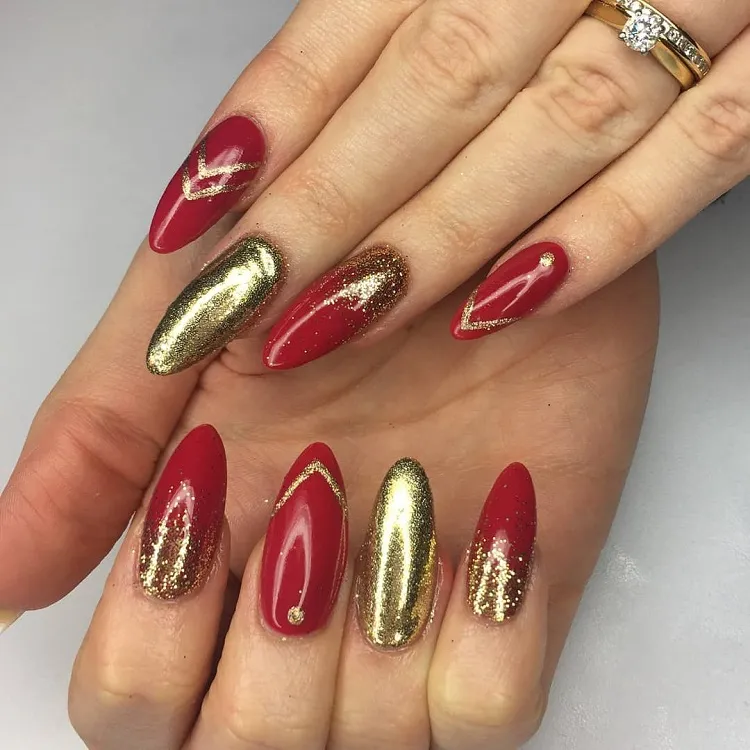 cherry red nails glitter gold chrome accents christmas manicure design inspiration