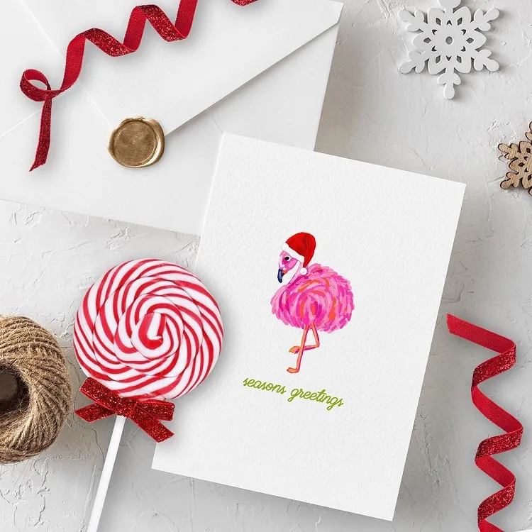 cute easy last minute christmas card with pink flamingo idea