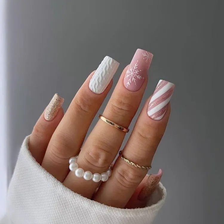 elegant square nails snowflake pattern