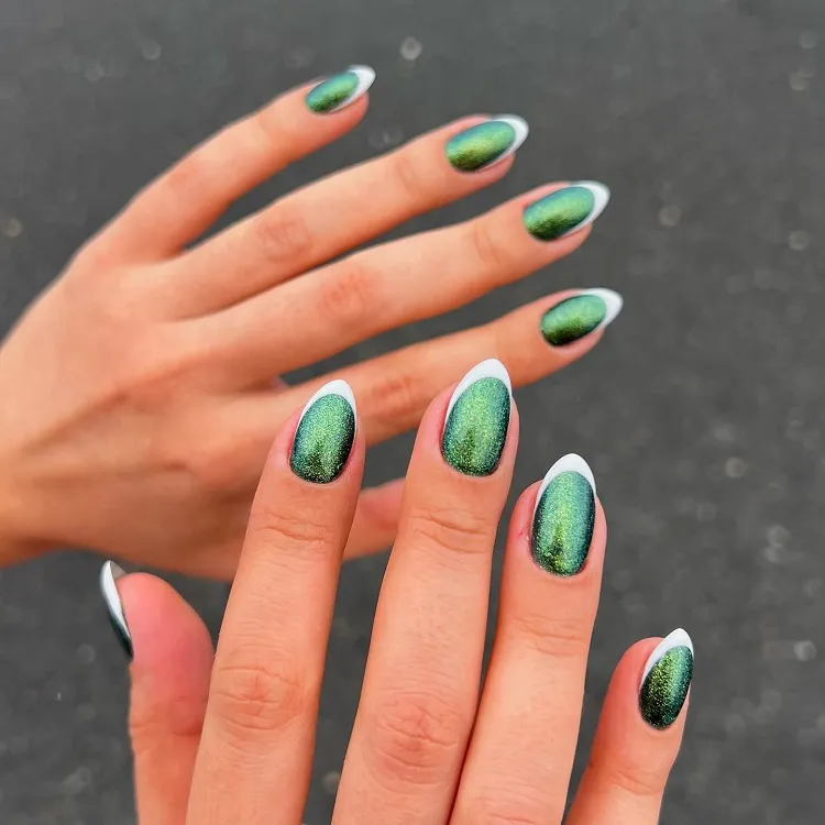 festive green glitter nails white french tips