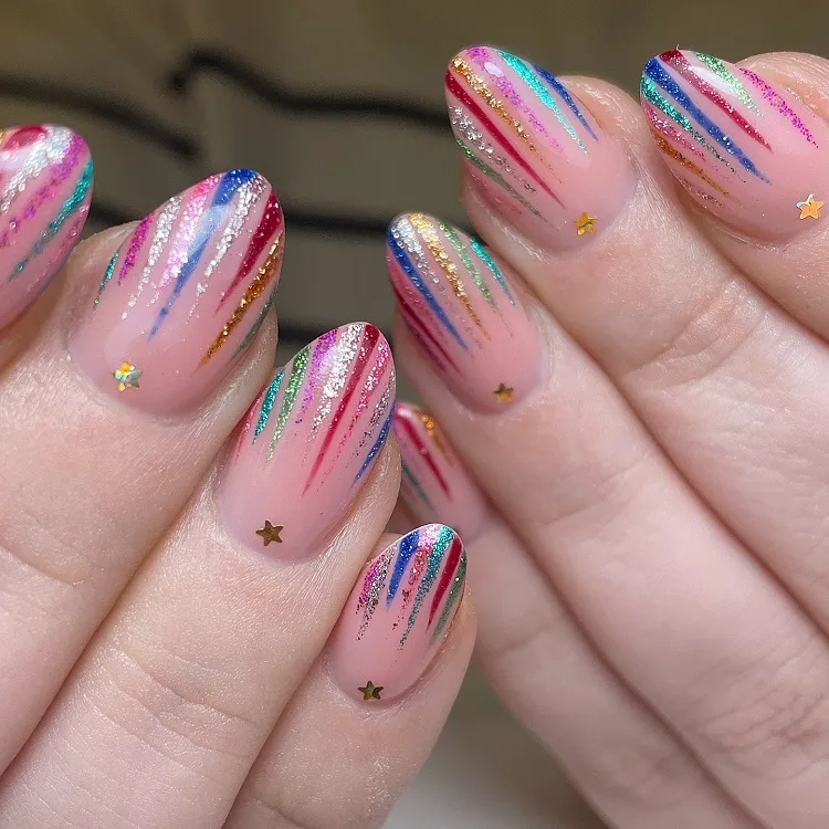 glitter tinsel tips ney years eve almond nails design idea 2024