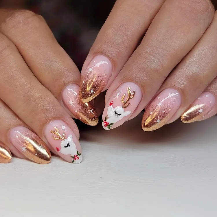 gold chrome ombre nails reindeer decoration snowflakes christmas manicure design idea 2023
