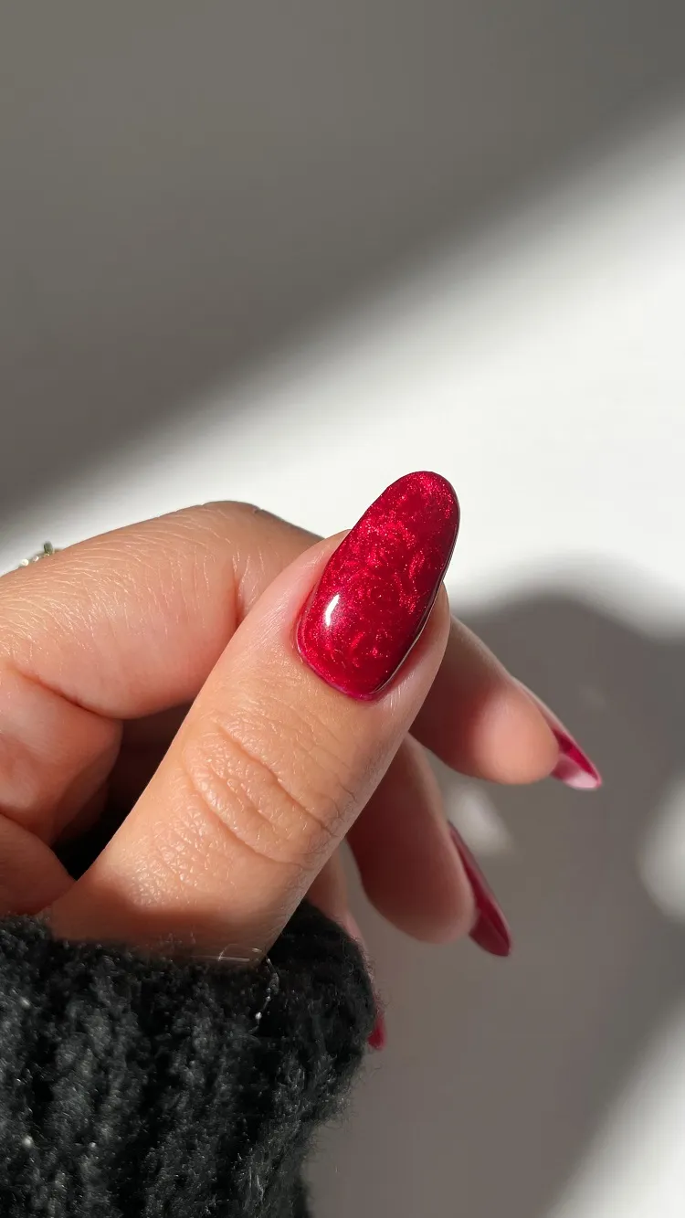 hot red pearl nails winter 2023