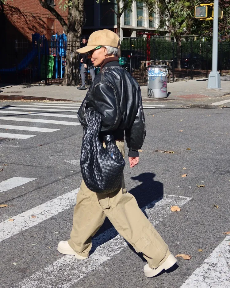 leather bomber jacket cargo pants baseball cap fashion ideas winter 2023 women over 70