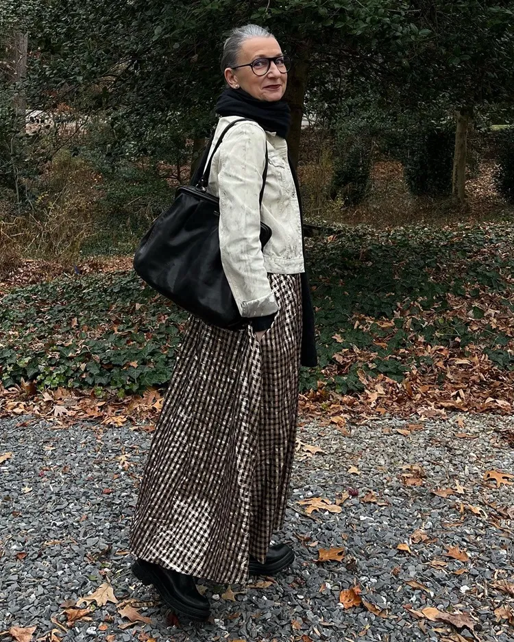 long plaid metallic skirt fall winter fashion for women over 70