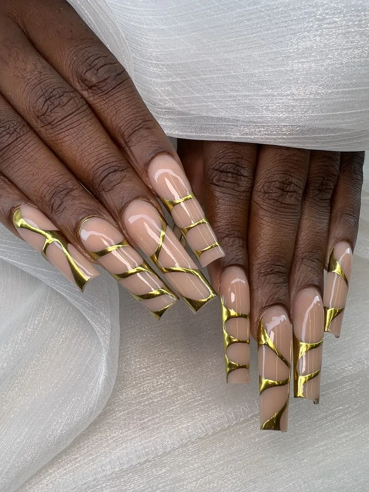 long square acrylic nails abstract gold chrome design winter 2023