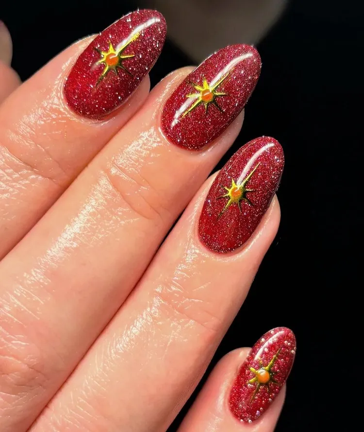red glitter long oval nails gold metallic star decorations